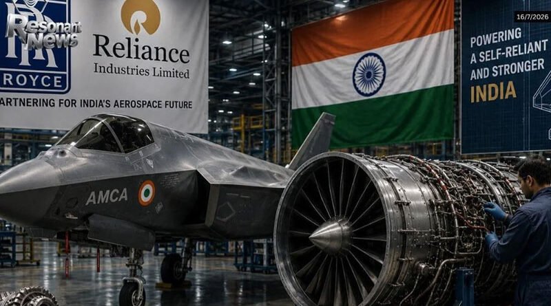 Fighter jet on a factory floor with an exposed engine; Indian flag and banners overhead.